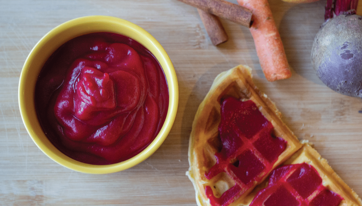 beet and carrot applesauce on a waffle